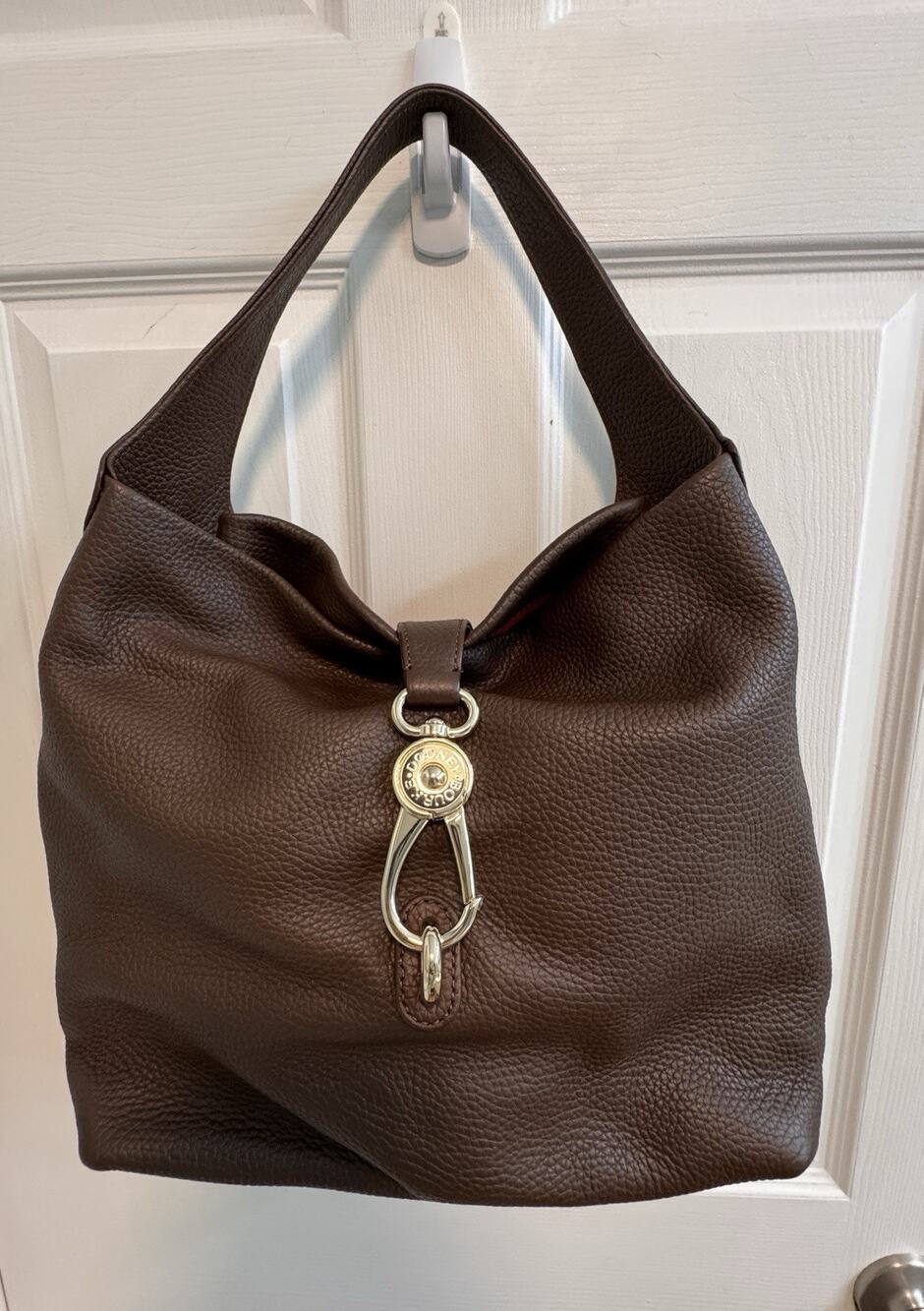 Dooney Bourke Belvedere Pebbled Leather Chocolate Brown Logo Lock Shoulder Strap